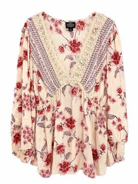 Angie 1X Floral Crochet Lace Boho Peasant Blouse Tunic Rayon